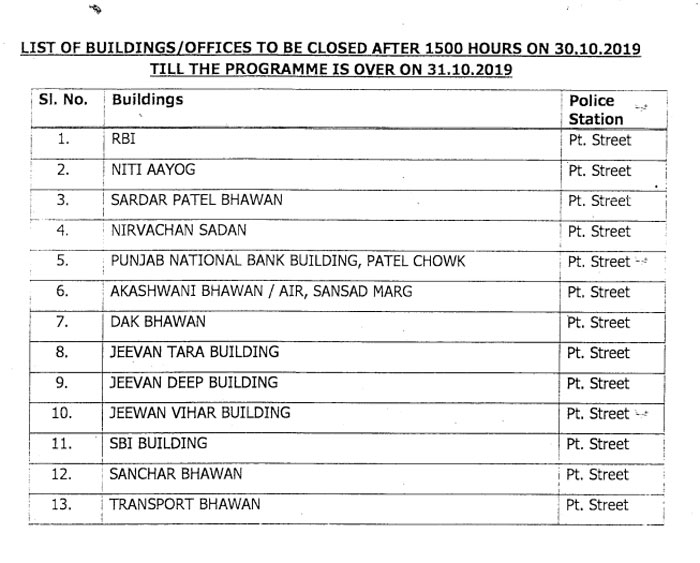 DoPT Order - Closure of offices surrounding Patel Chowk on 30.10.2019 and 31.10.2019