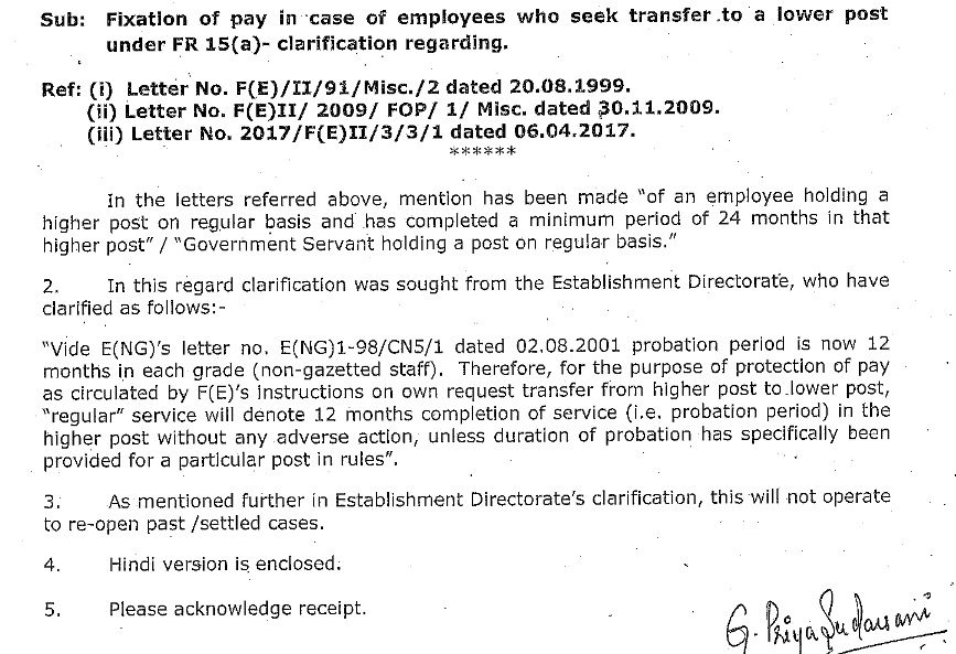 Fixation of pay in case of employees who seek transfer to a lower post under FR 15(a)