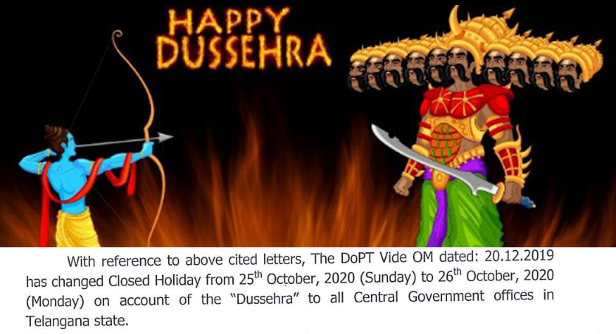 Change of Closed Holiday to be observed by the Central Government offices in Telangana state on the eve of “Dussehra” festival 2020