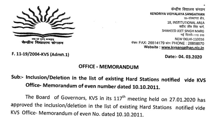 Inclusion Deletion in the list of existing Hard Stations notified vide KVS Office