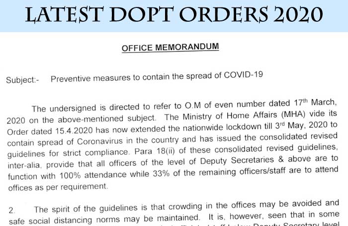 33 percent of central govt employees attendance roaster DoPT Order 2020