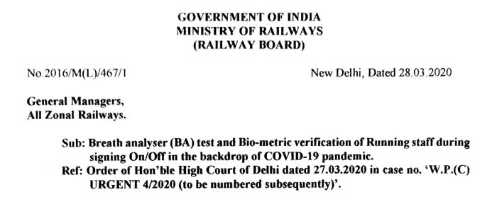 Breath Analyser test and Bio-metric verification of Running staff  COVID-19