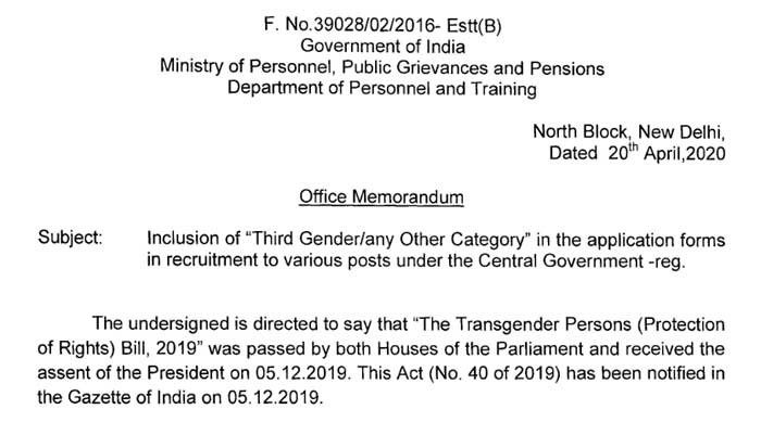 Third gender other category is included in the application forms for recruitment to various Central Government posts
