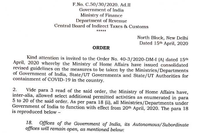 List of central government offices will remain open on 20th April, 2020