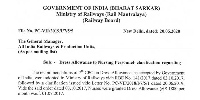 7th CPC Dress Allowance to Railway Nursing Staff