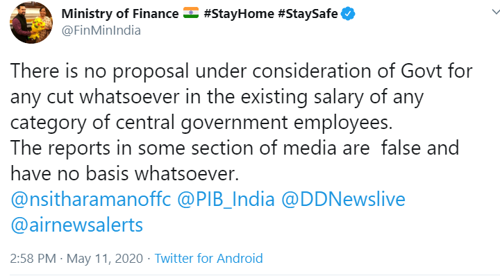 No proposal to reduce salary of Central Government employees