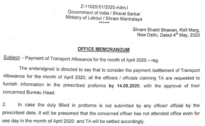 Payment of Transport Allowance for the month of April 2020