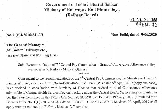 7th CPC revised conveyance allowance rates for Railway Medical Officers