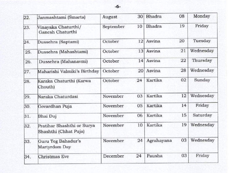 Holidays To Be Observed In Central Government Offices During The Year