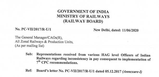 Representations received from various HAG level Officers of Indian Railways regarding inconsistency in pay consequent to implementation of 7th CPC recommendations