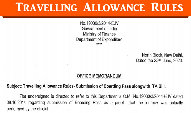 Travelling Allowance Rules-Submission of Boarding Pass alongwith TA Bill