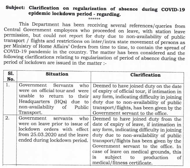 Absence during COVID-19 pandemic lockdown period - DoPT Order 2021