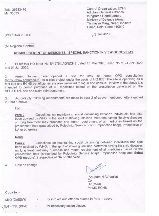 ECHS - REIMBURSEMENT OF MEDICINES : SPECIAL SANCTION IN VIEW OF COVID-19