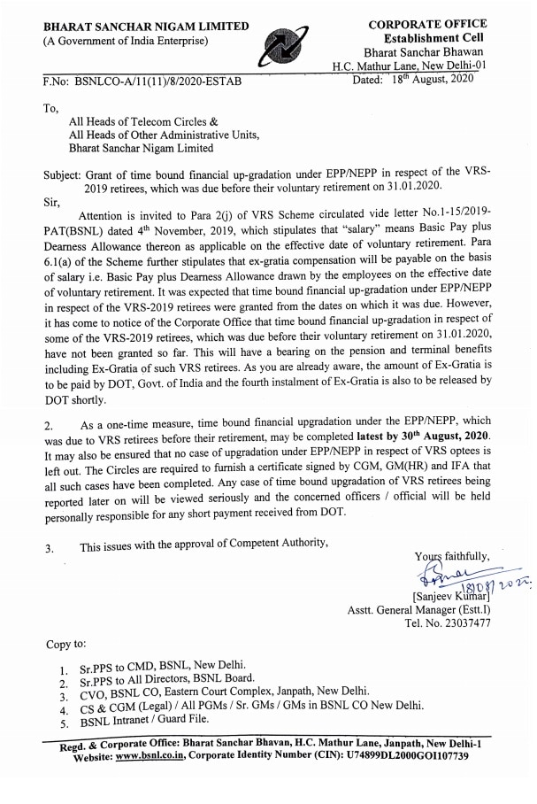 BSNL VRS 2019 retirees