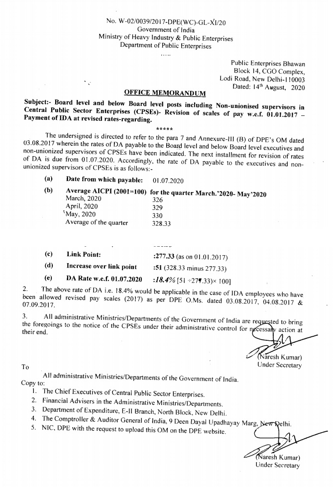 CPSEs Payment of IDA at revised rates