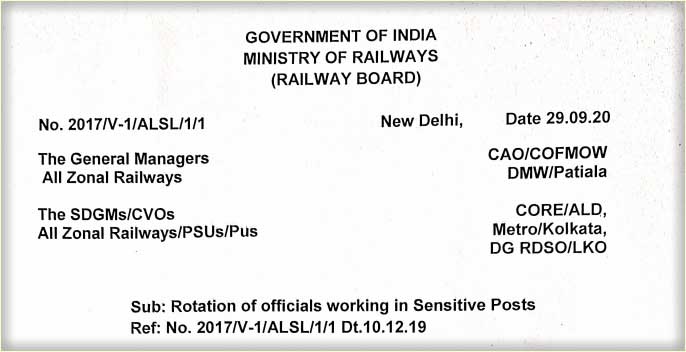 Railway Rotational Transfer of officials working in Sensitive Posts