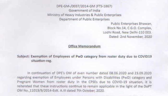 Exemption of Employees under Persons with Disabilities (PwD) category and Pregnant Women from roster duty Covid-19