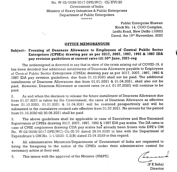 Freezing of DA rates - CPSEs IDA pay scales revision till 30th June 2021