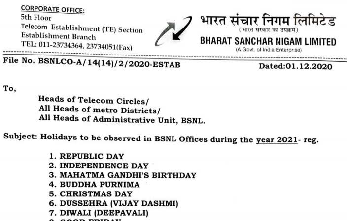 BSNL Holidays 2021