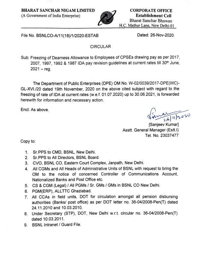 Freezing of Dearness Allowance to CPSEs Employees