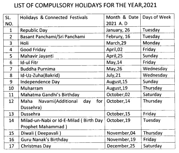CGEWCC Kolkata Holiday List 2021