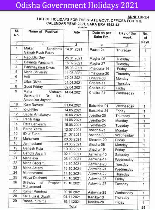 Holiday List 2021 Odisha Government - Odisha Govt Holidays 2021