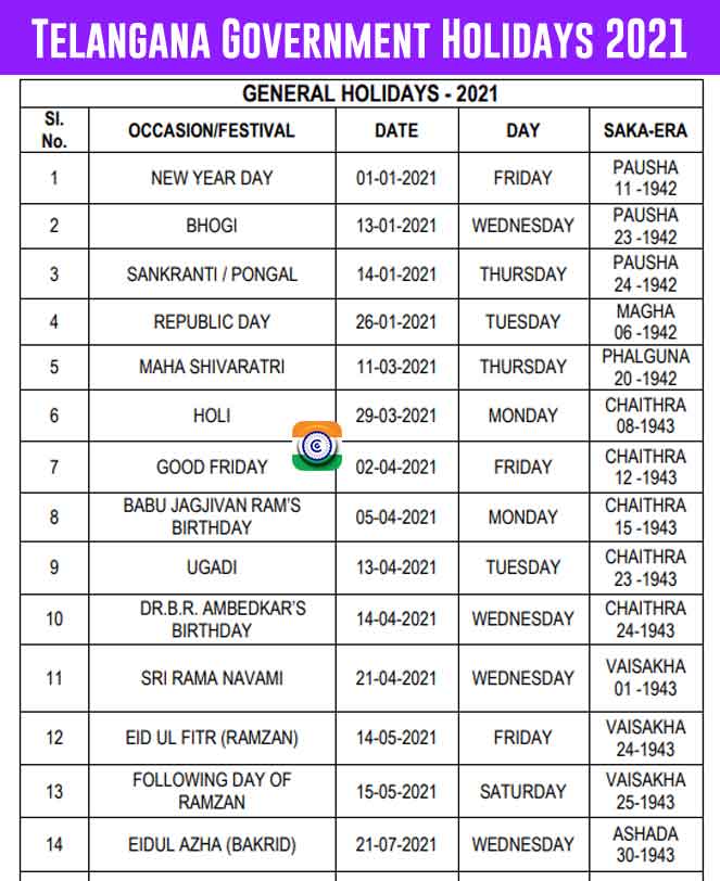 Holiday List 2021 Telangana Government - TS Govt Holidays 2021