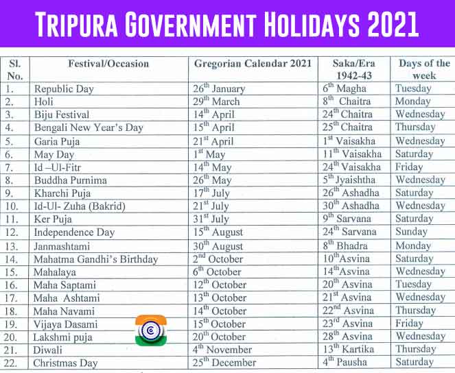 Holiday List 2021 Tripura Government - Tripura Govt Holidays 2021