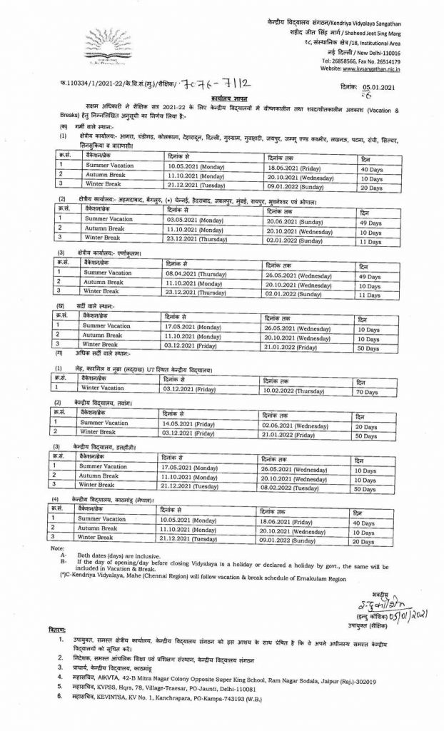 Kendriya Vidyalaya Vacation and Breaks for Session 2021-2022