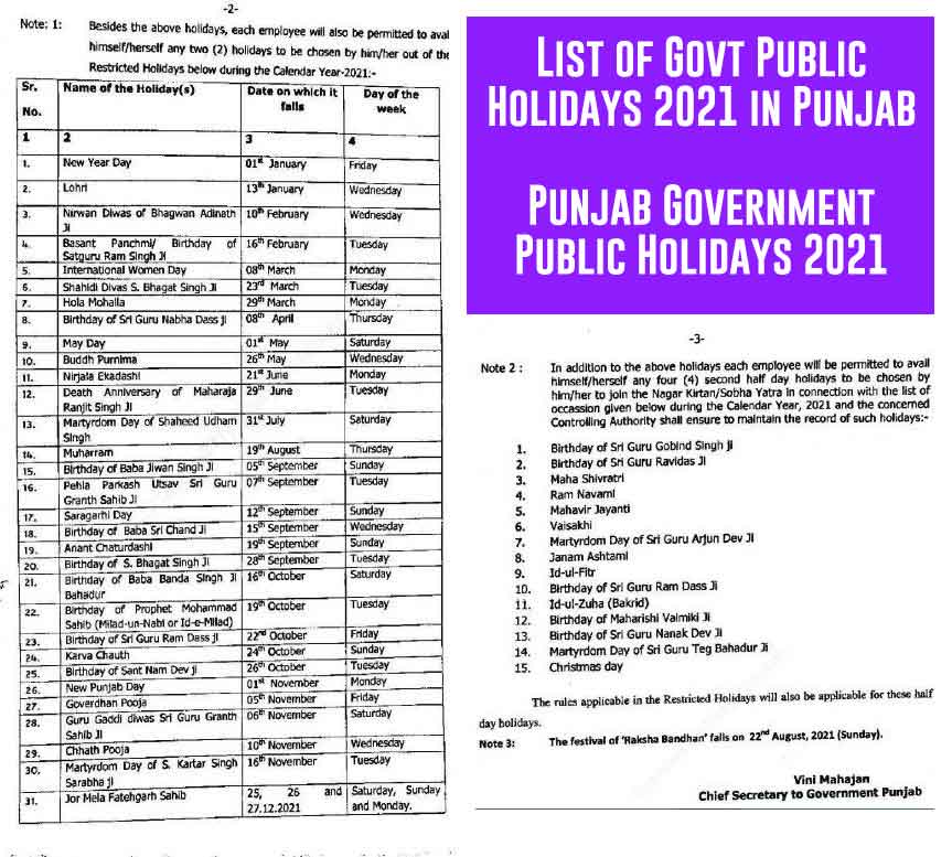 Punjab Government Holidays 2021 - Holiday List 2021 Punjab Government