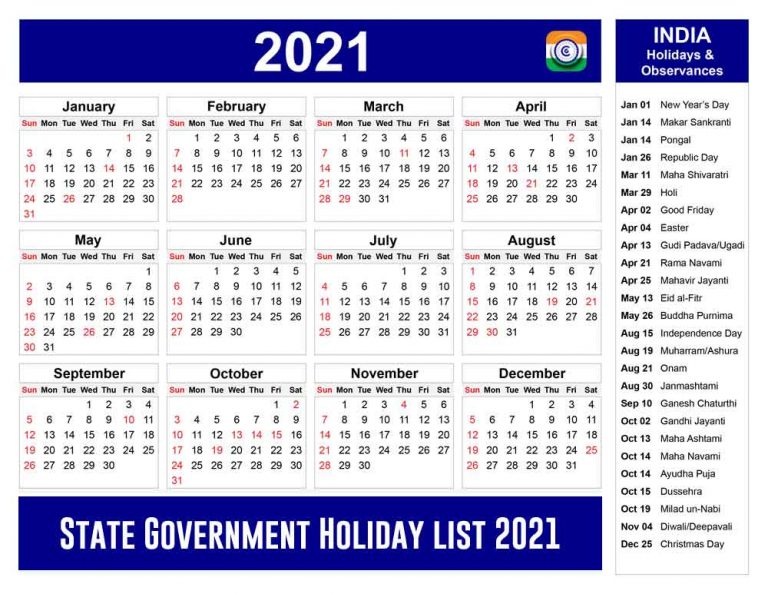 State Government Holiday list 2021 All State Government Holidays 2021