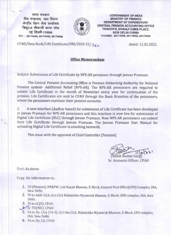 NPS AR pensioner Jeevan Pramaan submission of life certificate