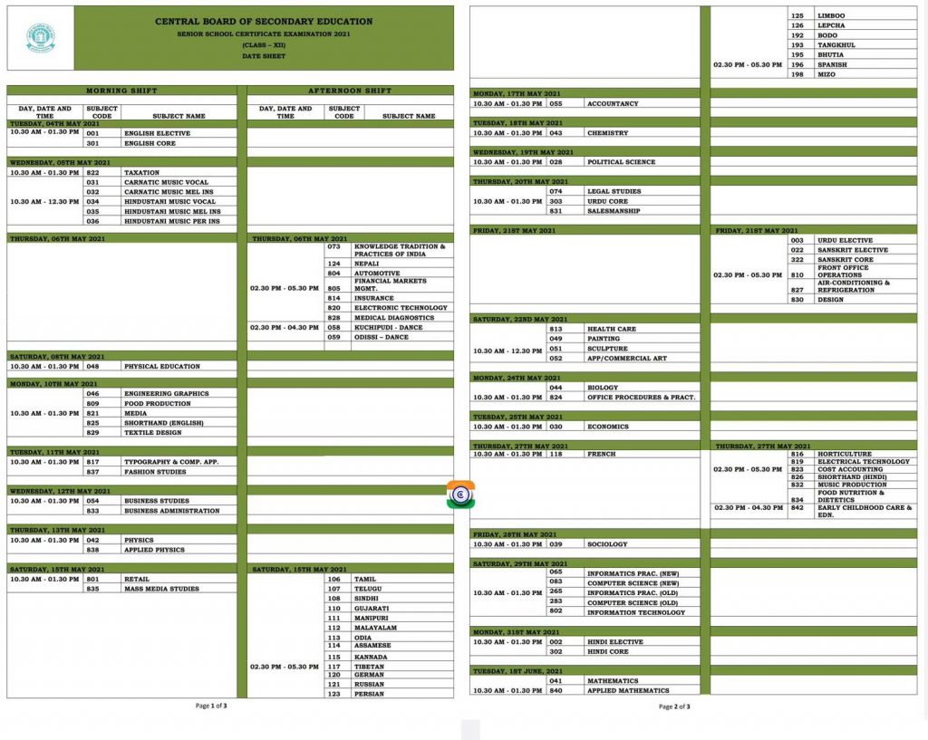 CBSE class 12th board exam time table 2021 PDF Download