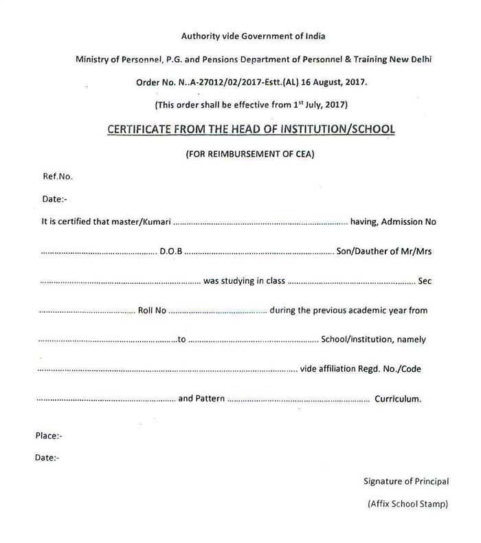 Reimbursement of CEA - Certificate from the head of institution School