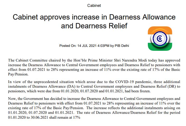 Cabinet approves increase in Dearness Allowance and Dearness Relief for Central Govt Employees - DA Hike Latest News