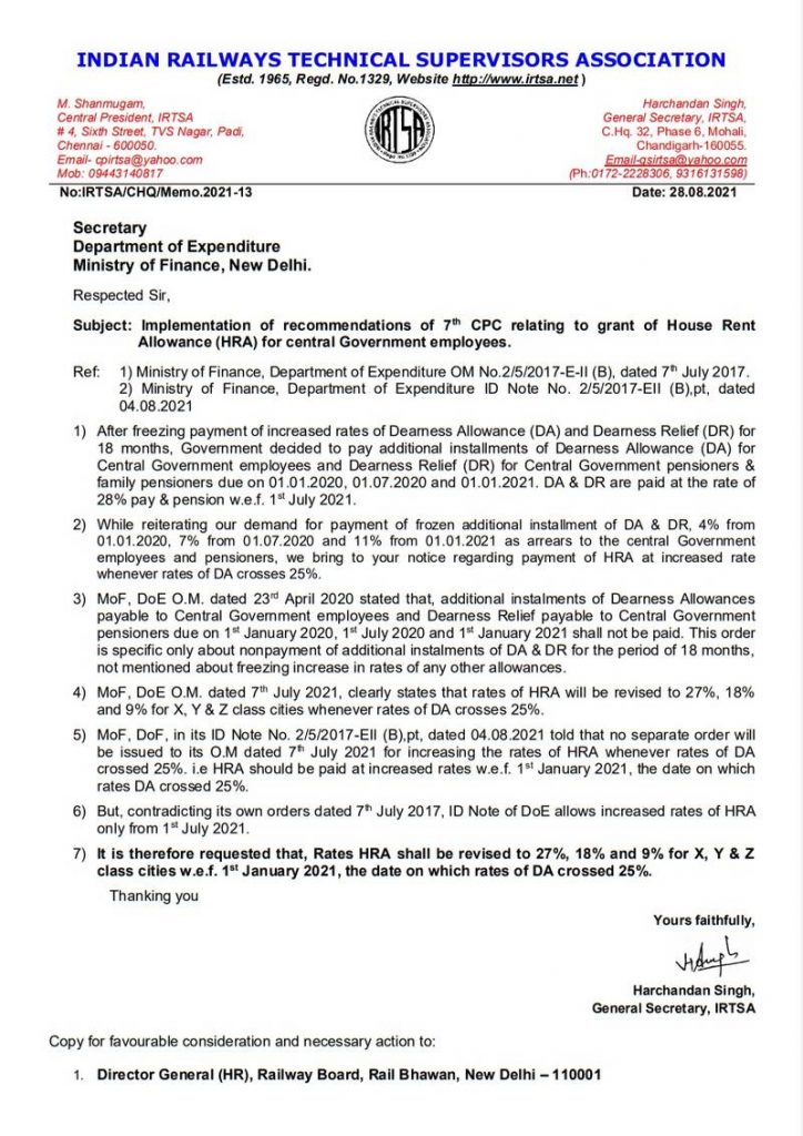 7th CPC HRA 2021 - House Rent Allowance for Central Government employees IRTSA