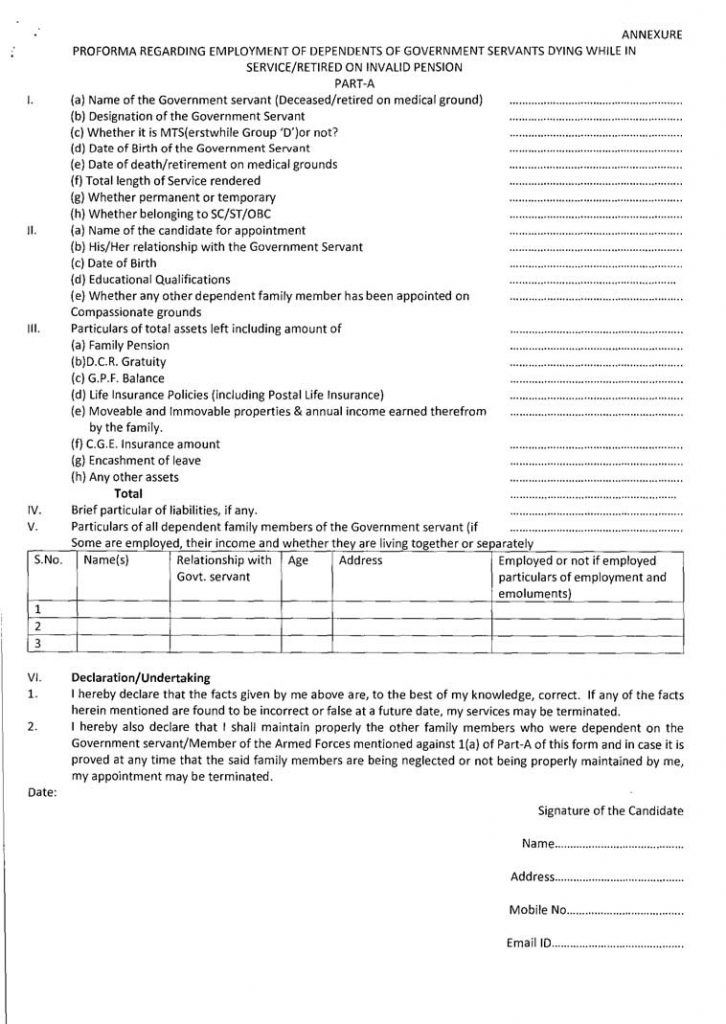 PROFORMA REGARDING EMPLOYMENT OF DEPENDENTS OF CENTRAL GOVERNMENT SERVANTS DYING WHILE IN SERVICE  RETIRED ON INVALID PENSION