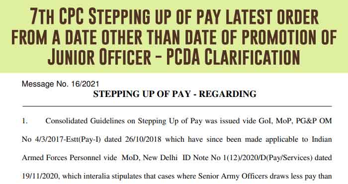 7th CPC Stepping up of pay latest order from a date other than date of promotion of Junior Officer - PCDA Clarification