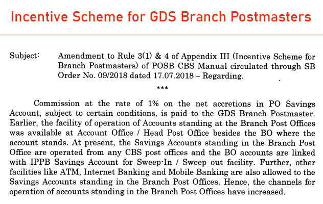 Incentive Scheme for GDS Branch Postmasters of POSB CBS Manual with amended PROFORMA