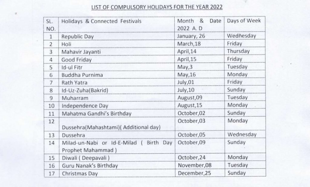 Kolkata Central Government office holiday list in West Bengal 2022 PDF Download