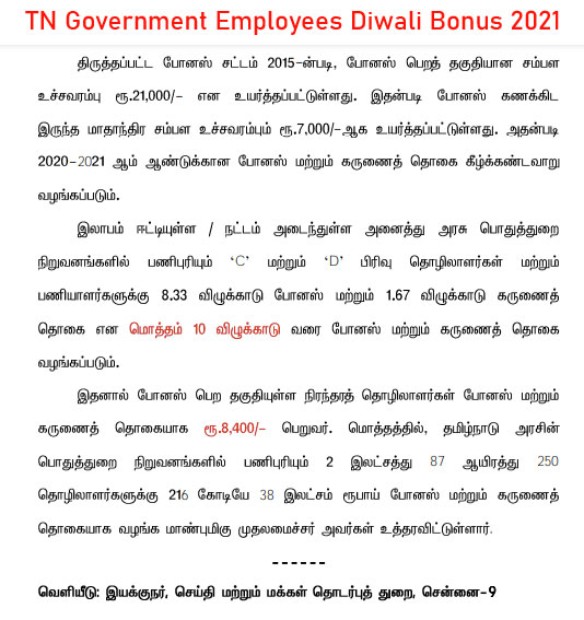 Tamil Nadu Government Employees Diwali Bonus 2021