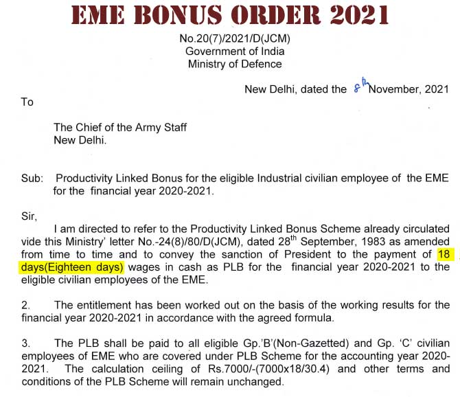18 Days Bonus for the eligible Industrial civilian employee of the EME for the financial year 2020-2021