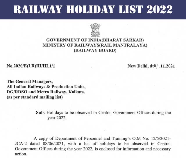 Railway Holiday List 2022 - Railway Board Order