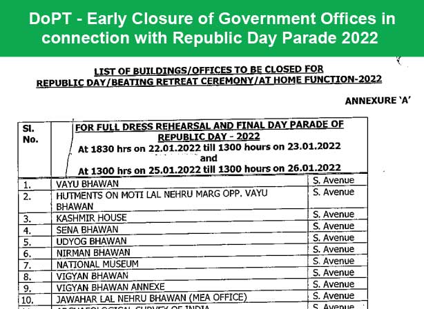 DoPT - Early Closure of Government Offices in connection with Republic Day Parade 2022