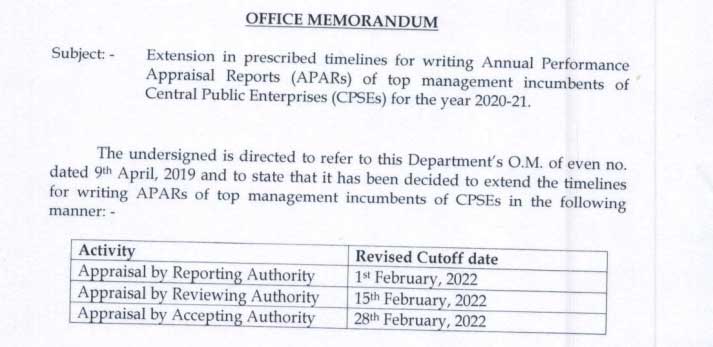 Extend the timeline for writing APARs of top management incumbents of CPSEs