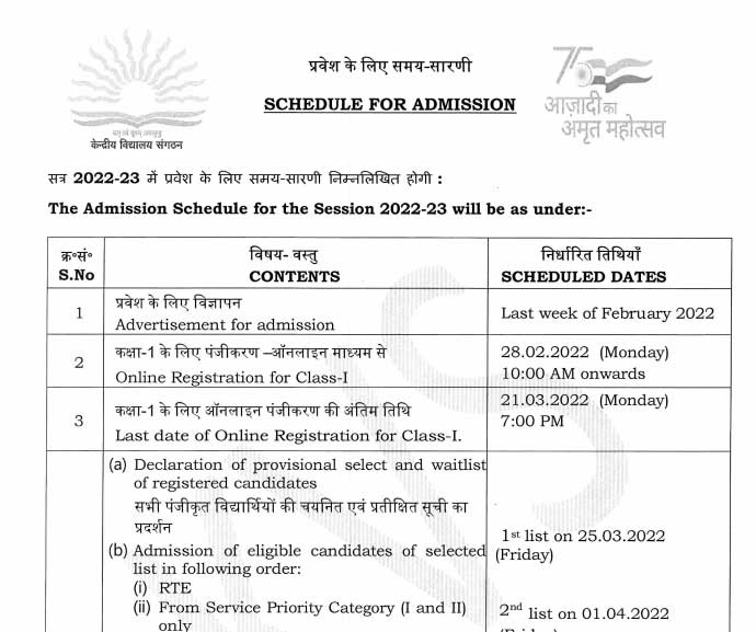 KVS Admission Schedule 2022 2023 PDF