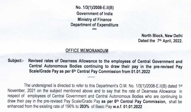 6th CPC DA order from January 2022 to Central Govt employees 196% to 203% of the Basic Pay wef 1.1.2022 - DoE