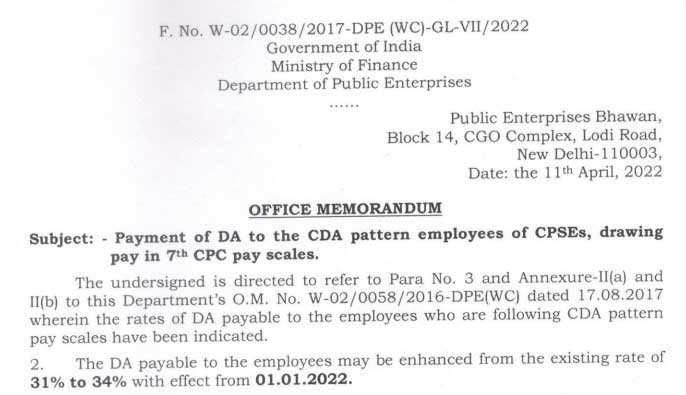 7th CPC DA Order to CPSE Employees from JAN 2022