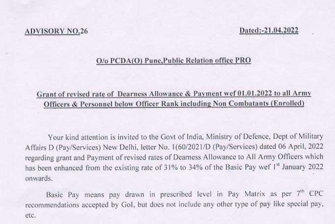Revised rate of Dearness Allowance - Payment wef 01.01.2022 to all Army Officers - Personnel below Officer Rank including Non Combatants