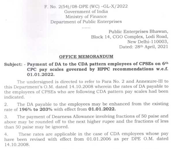203% Payment of DA to the CDA pattern employees of CPSEs on 6th CPC from 01.01.2022